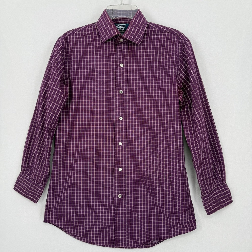 Polo Ralph Lauren Dress Shirt Mens Size 14.5 S Purple Plaid Regent Custom Fit
